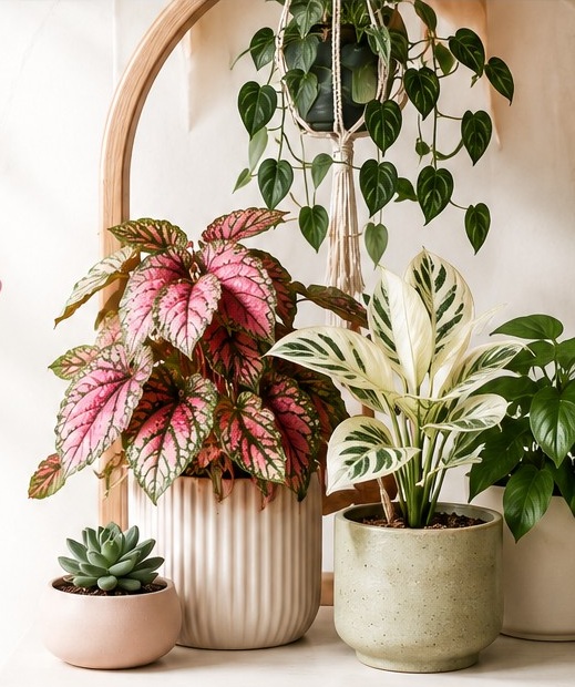 A collection of lush green and pink houseplants in decorative pots